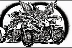 The devil and Jesus riding together in a motorcycle where Jesus is in the sidecar and Lucifer is driving tattoo idea
