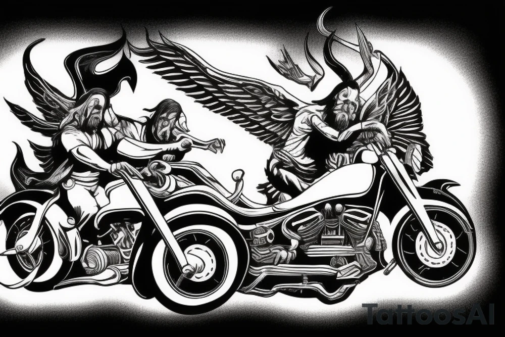 The devil and Jesus riding together in a motorcycle where Jesus is in the sidecar and Lucifer is driving tattoo idea