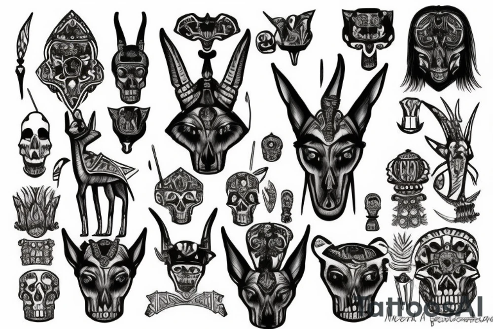 Anubis in the desert with skulls tattoo idea