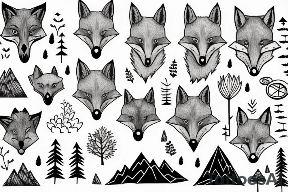 A fox in a forest with mountains tattoo idea
