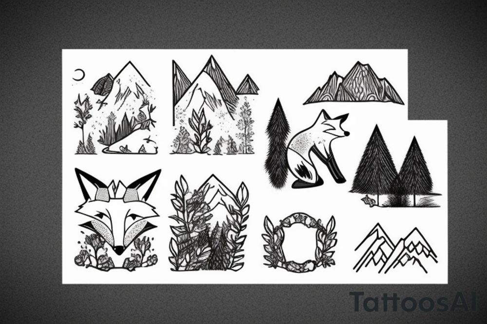 A fox in a forest with mountains tattoo idea