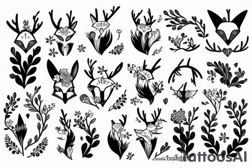 A fox with flower antlers tattoo idea