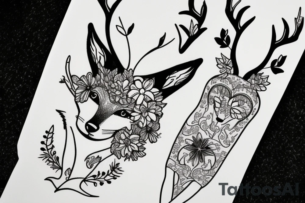 A fox with flower antlers tattoo idea