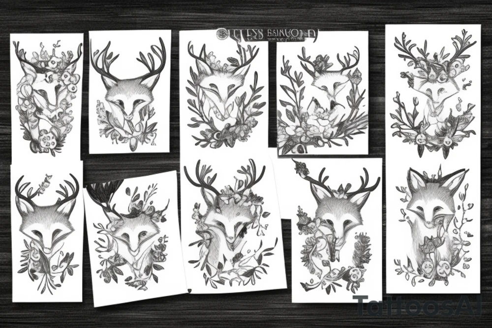 A fox with flower antlers tattoo idea