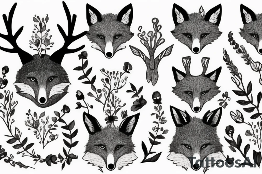 A fox with flower antlers tattoo idea