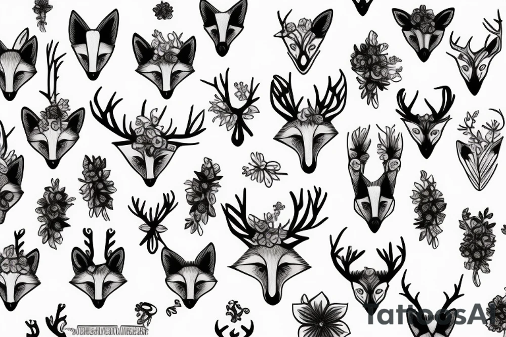 A fox with flower antlers tattoo idea