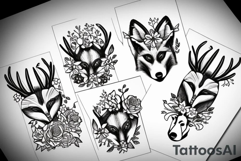A fox with flower antlers tattoo idea