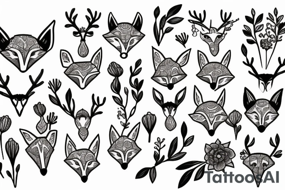 A fox with flower antlers tattoo idea