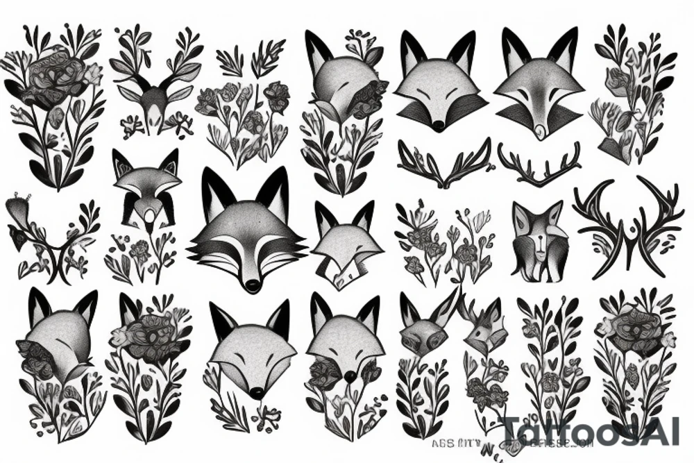 A fox with flower antlers tattoo idea