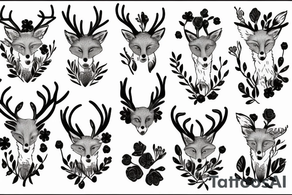 A fox with flower antlers tattoo idea