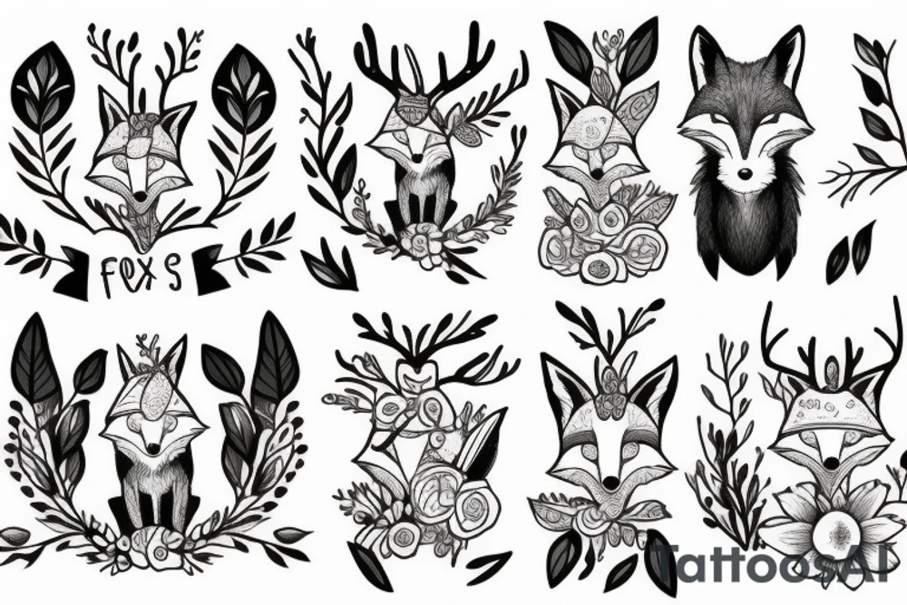 A fox with flower antlers tattoo idea