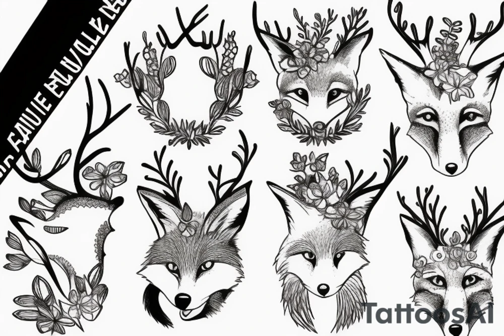 A fox with flower antlers tattoo idea