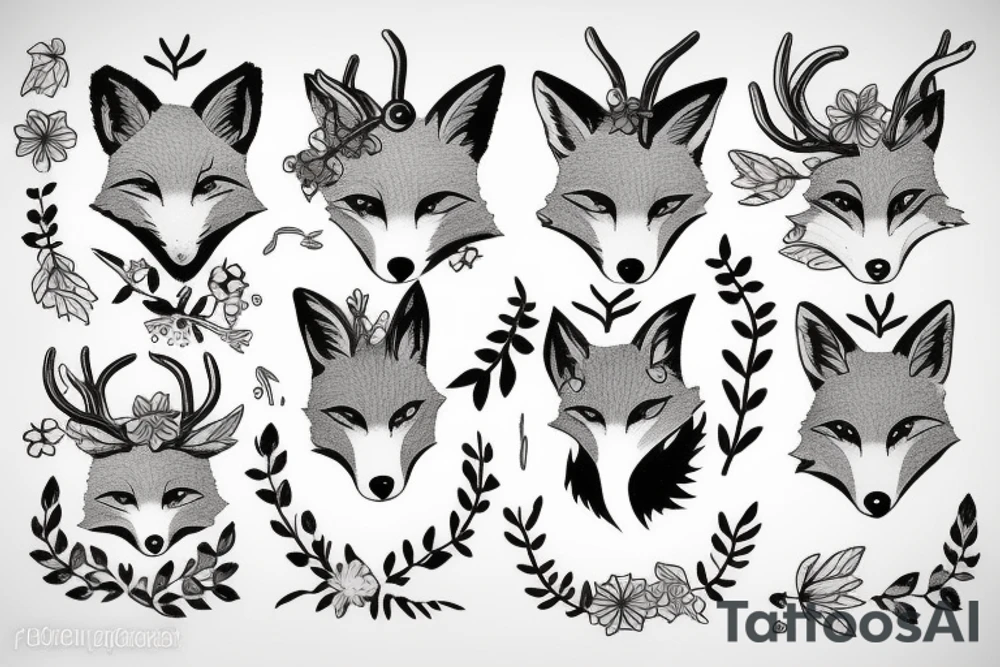 A fox with flower antlers tattoo idea