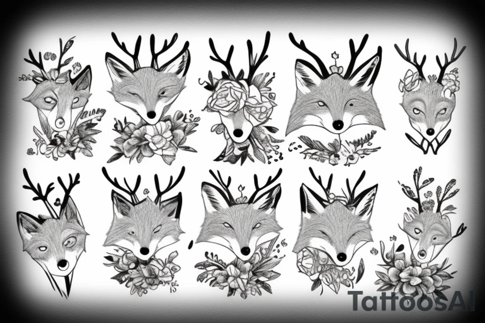 A fox with flower antlers tattoo idea