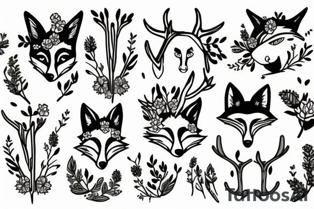 A fox with flower antlers tattoo idea