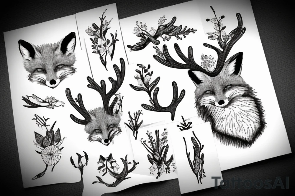 A fox with flower antlers tattoo idea