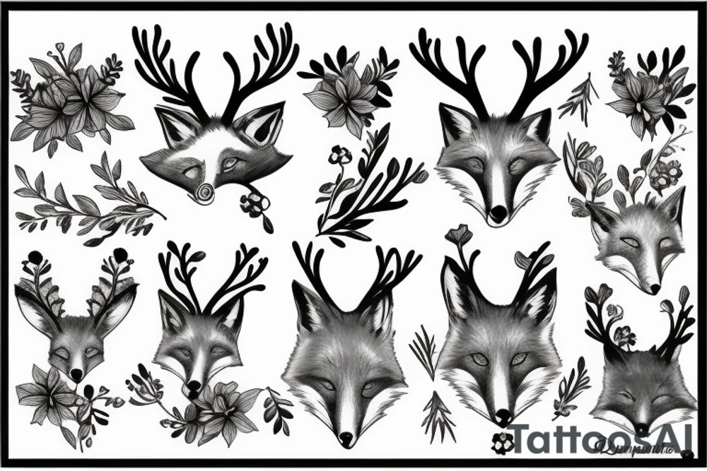 A fox with flower antlers tattoo idea