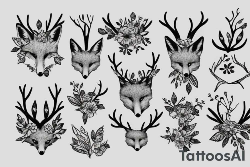 A fox with flower antlers tattoo idea