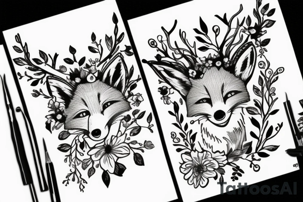 A fox with flower antlers tattoo idea