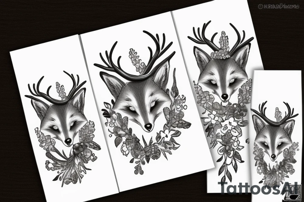 A fox with flower antlers tattoo idea