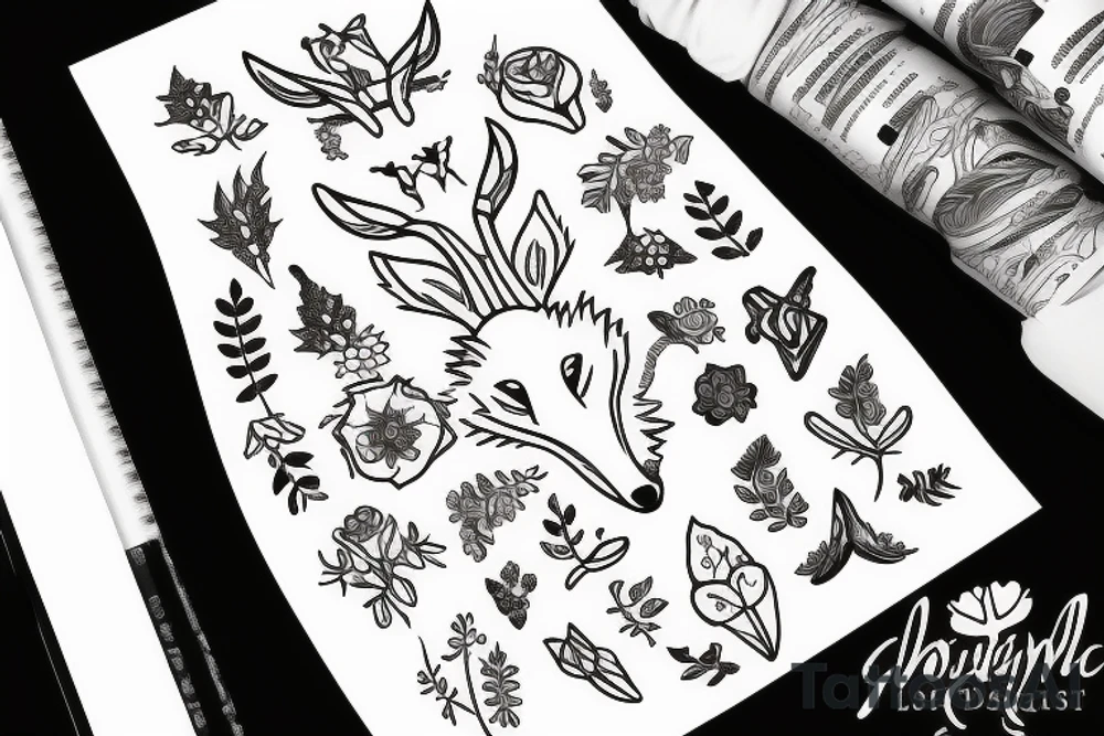 A fox with flower antlers tattoo idea