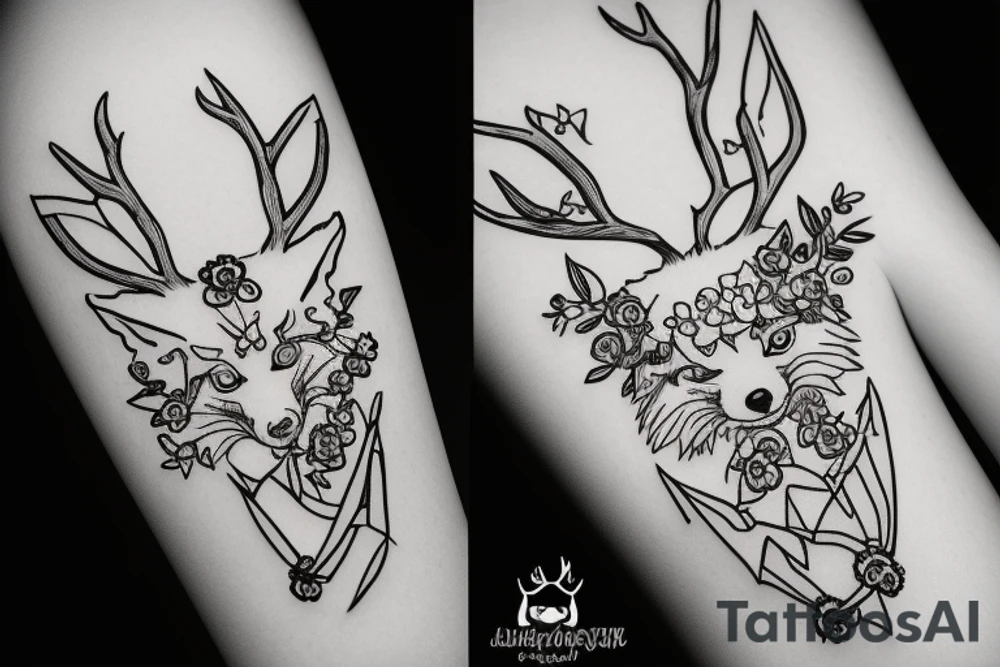 A fox with flower antlers tattoo idea