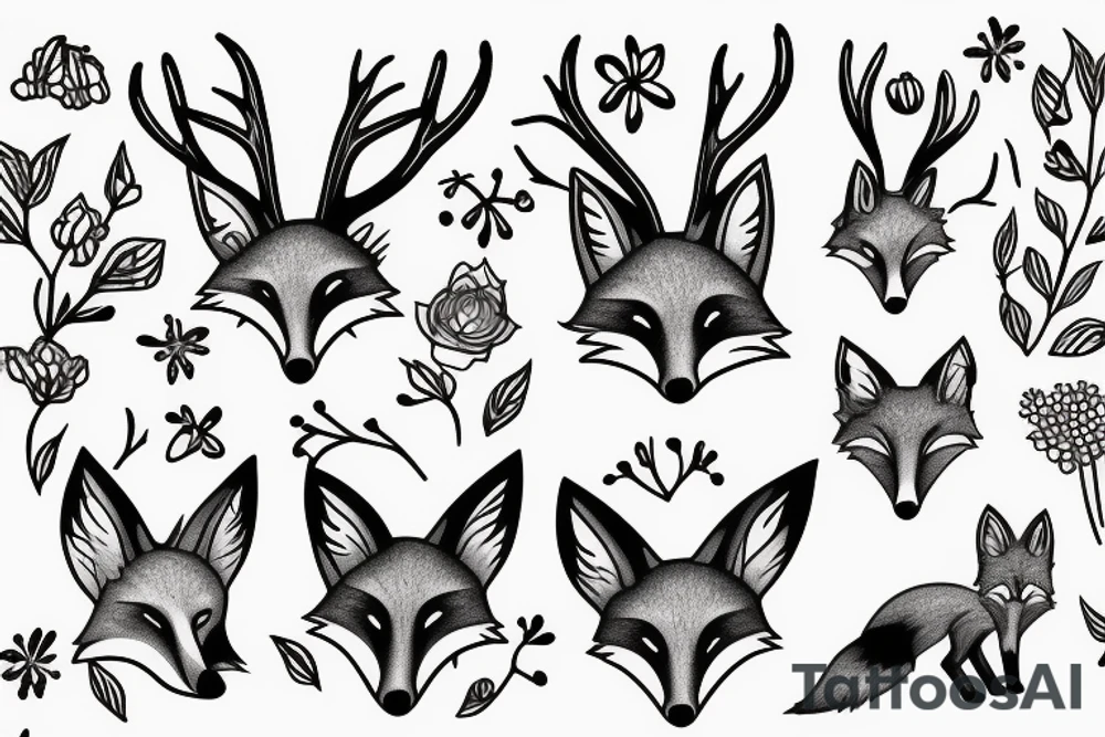A fox with flower antlers tattoo idea