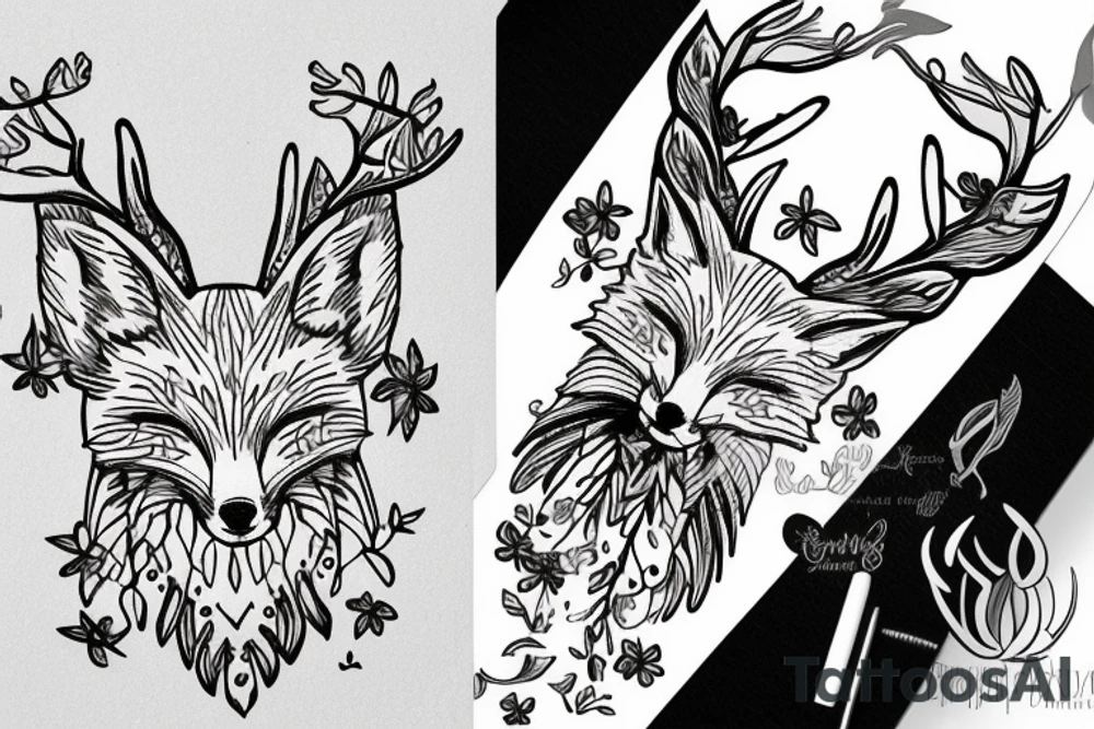 A fox with flower antlers tattoo idea