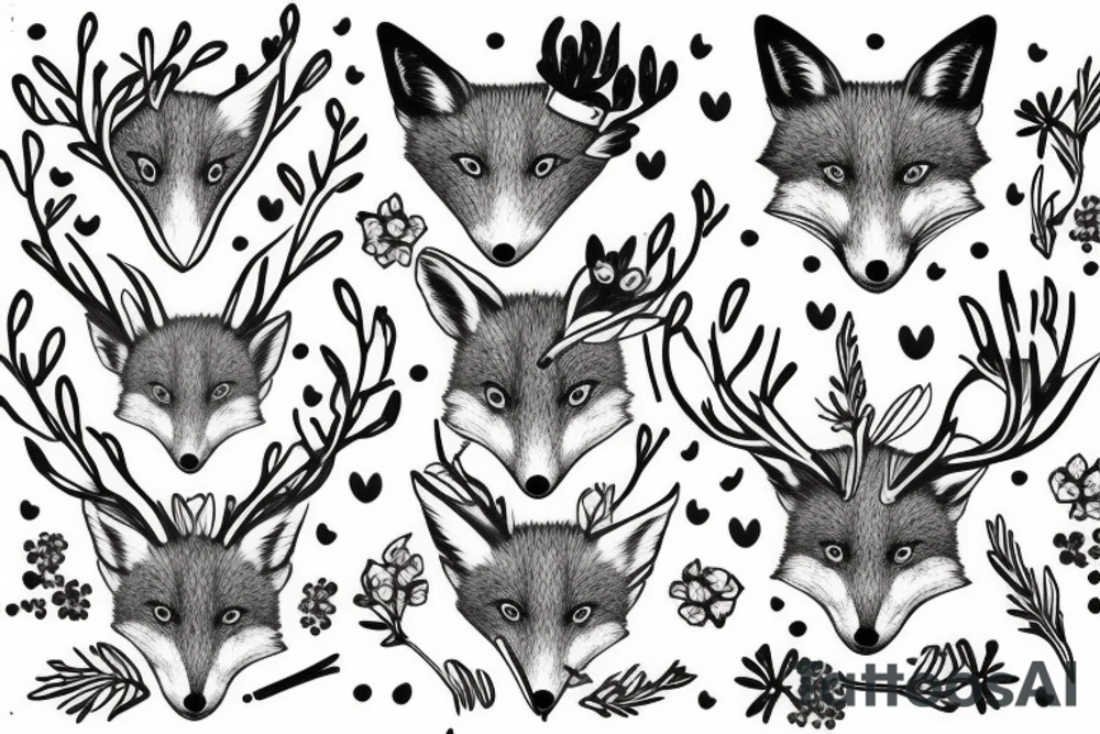 A fox with flower antlers tattoo idea