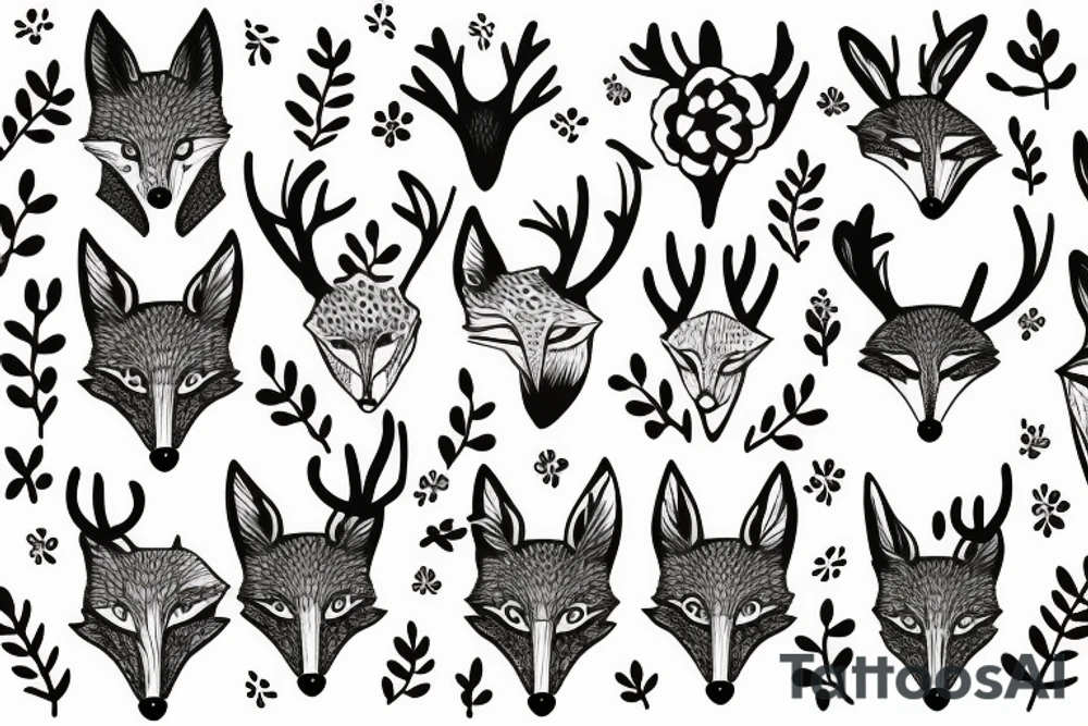 A fox with flower antlers tattoo idea
