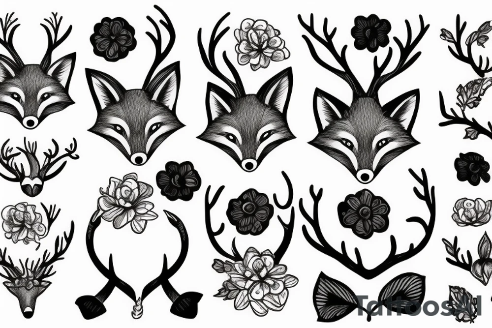 A fox with flower antlers tattoo idea