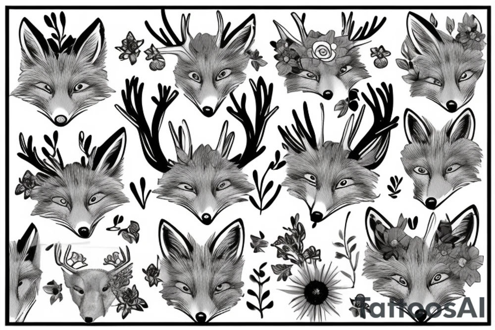 A fox with flower antlers tattoo idea