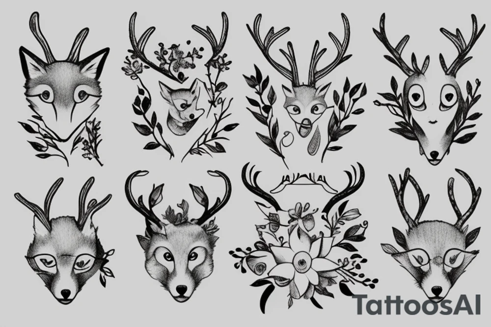 A fox with flower antlers tattoo idea
