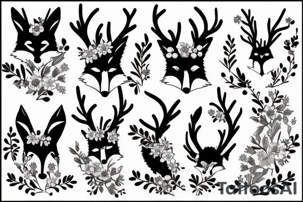 A fox with flower antlers tattoo idea