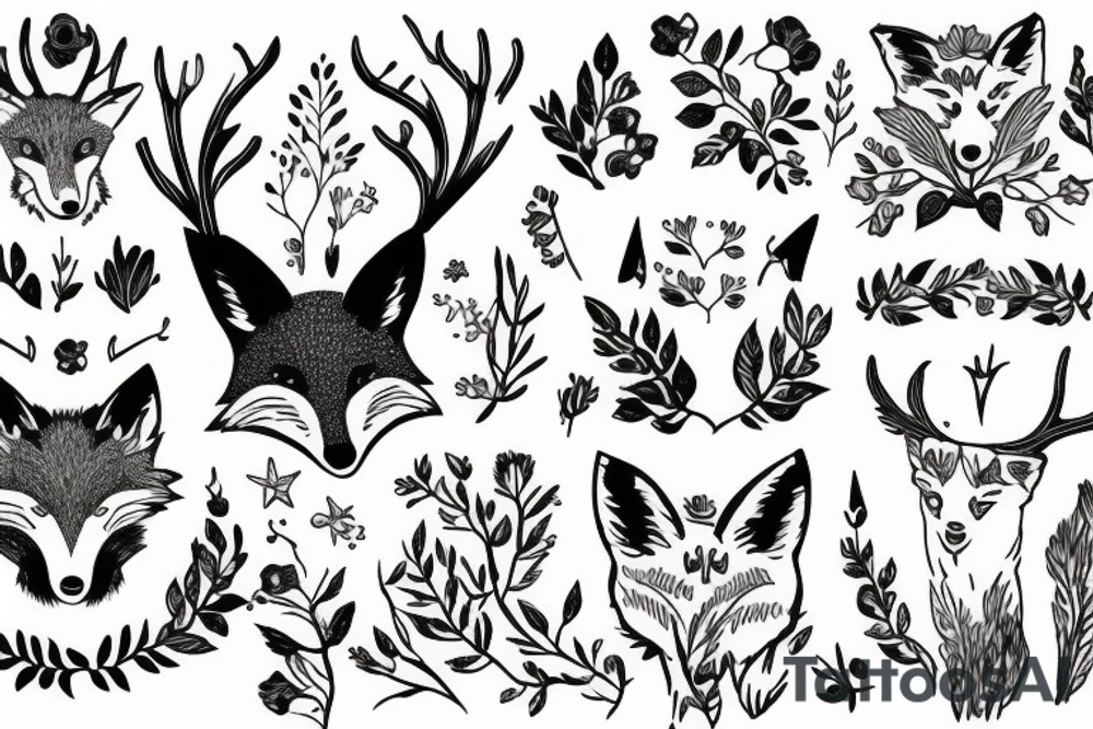 A fox with flower antlers tattoo idea