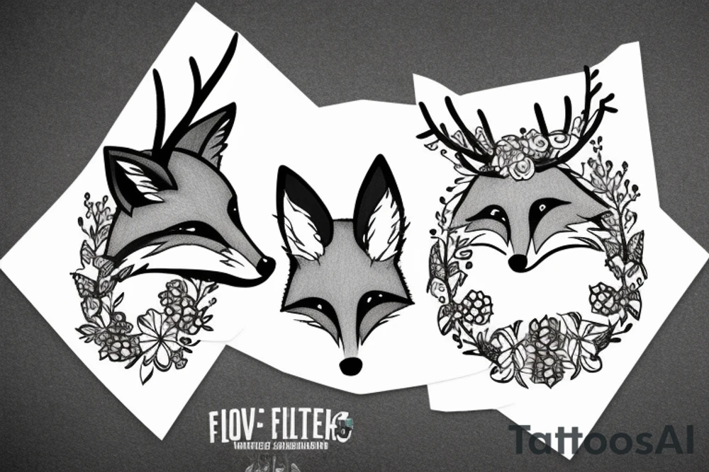 A fox with flower antlers tattoo idea
