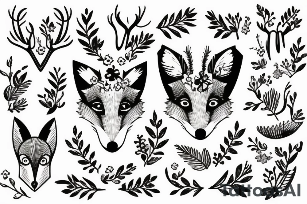 A fox with flower antlers tattoo idea