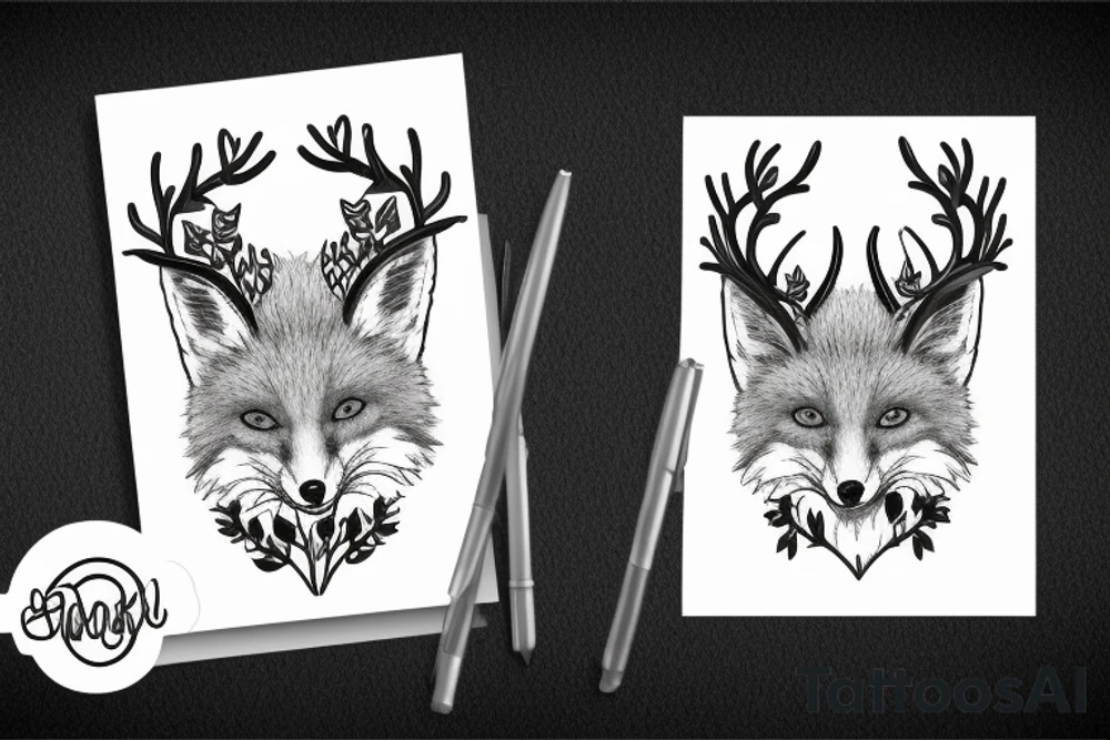 A fox with flower antlers tattoo idea