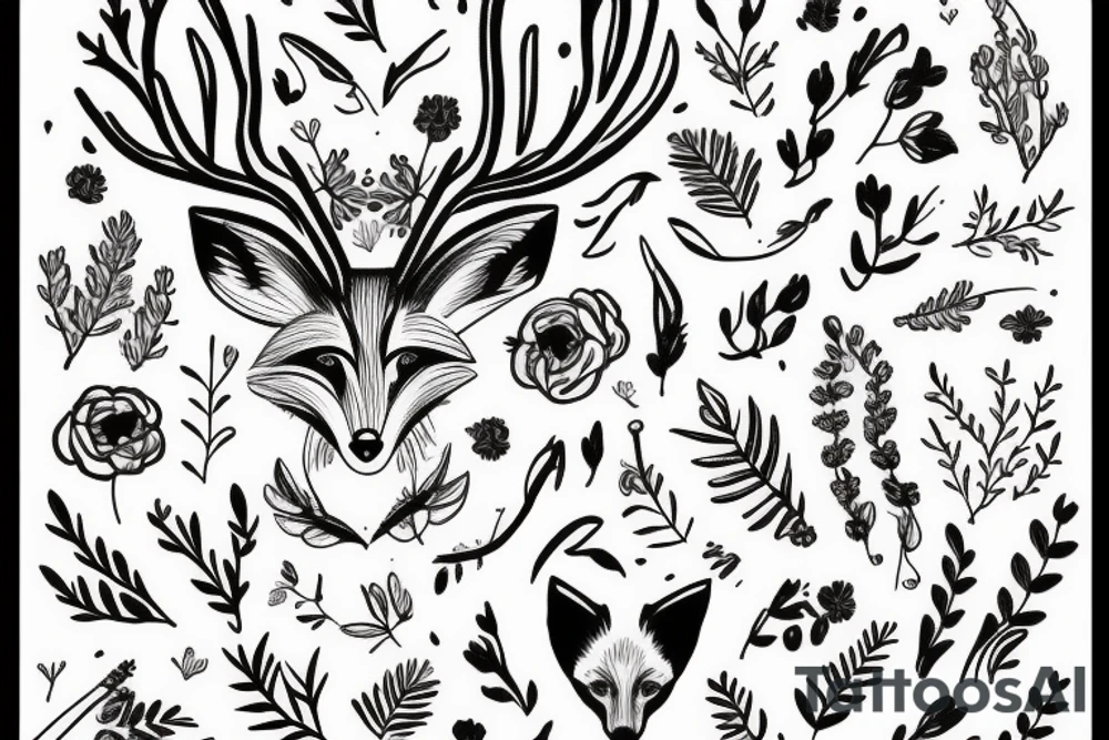 A fox with flower antlers tattoo idea