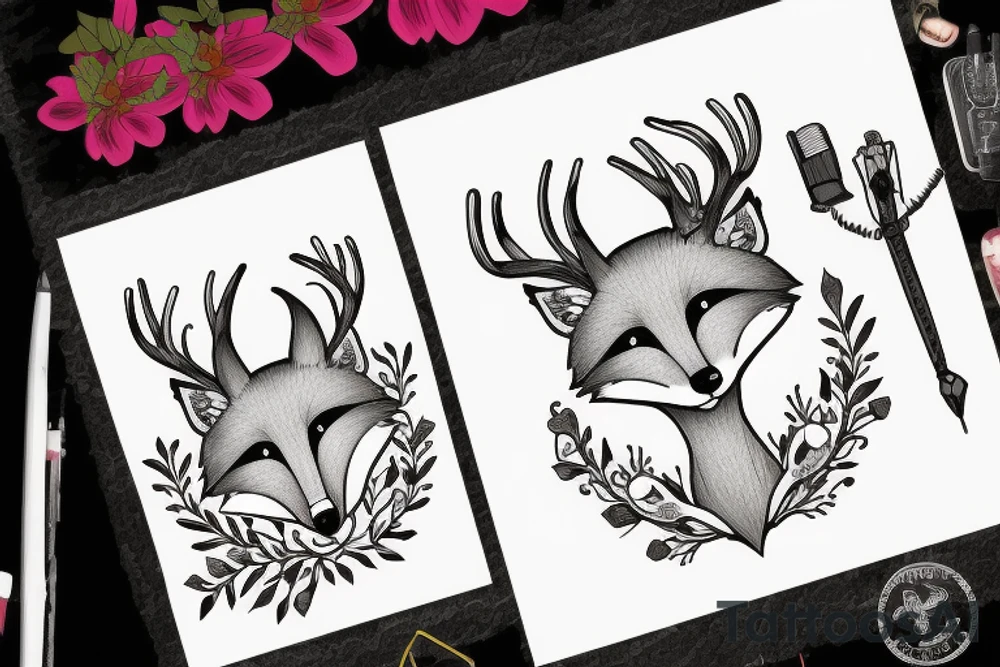 A fox with flower antlers tattoo idea