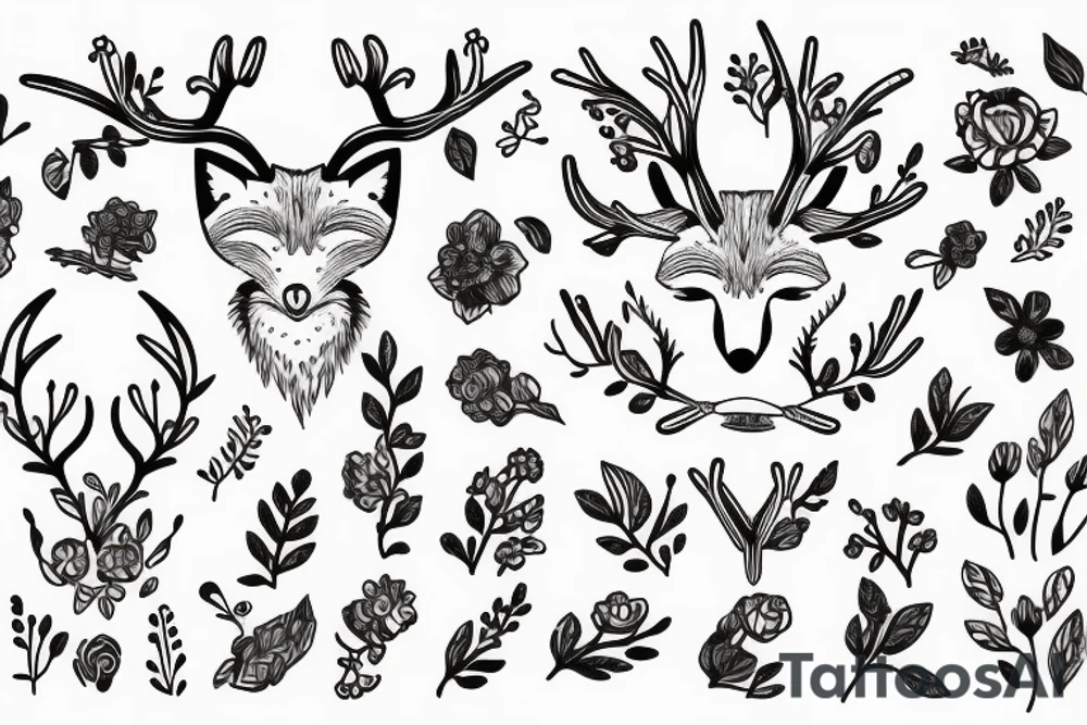 A fox with flower antlers tattoo idea