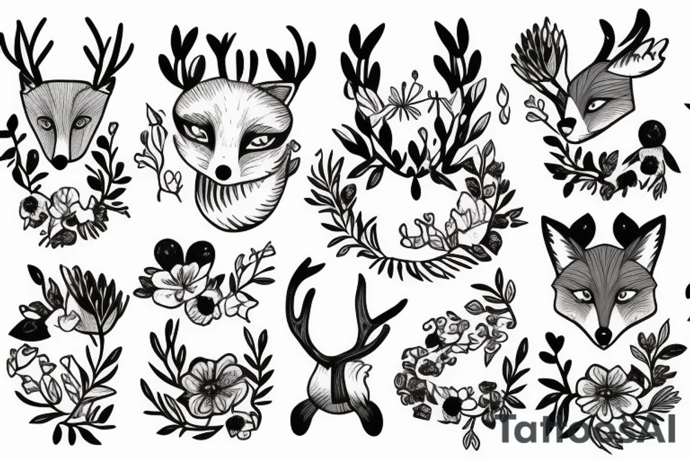 A fox with flower antlers tattoo idea