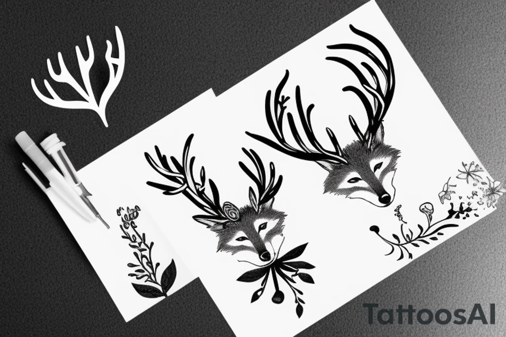 A fox with flower antlers tattoo idea