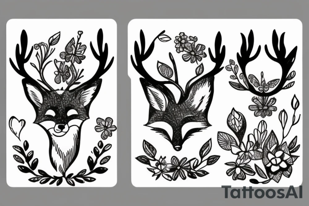 A fox with flower antlers tattoo idea