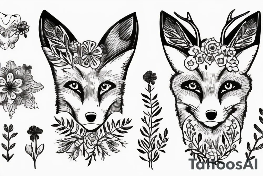 A fox with flower antlers tattoo idea