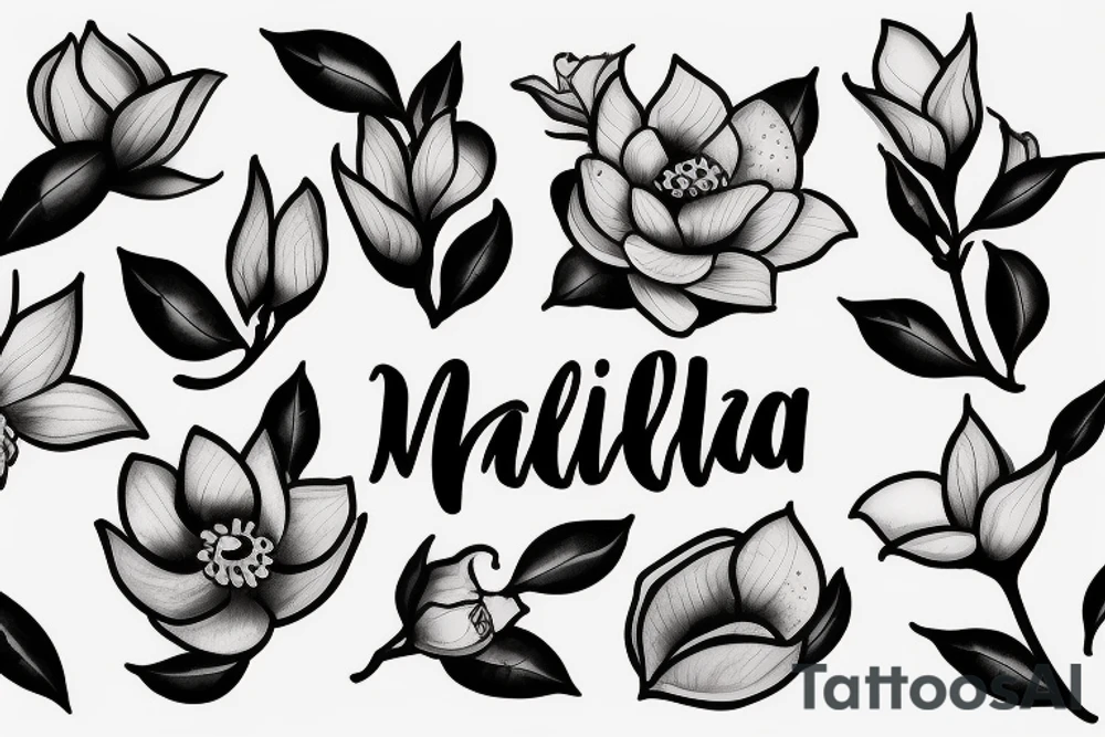 Ship with magnolia flowers and three letter name tattoo idea Ship with magnolia flowers and three letter name tattoo idea