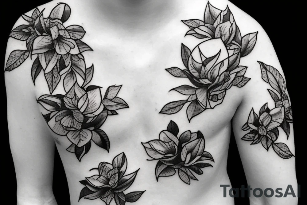 Ship with magnolia flowers and three letter name tattoo idea Ship with magnolia flowers and three letter name tattoo idea