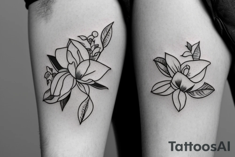 Ship with magnolia flowers and three letter name tattoo idea