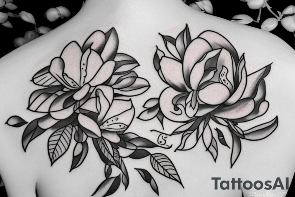 Ship with magnolia flowers and three letter name tattoo idea