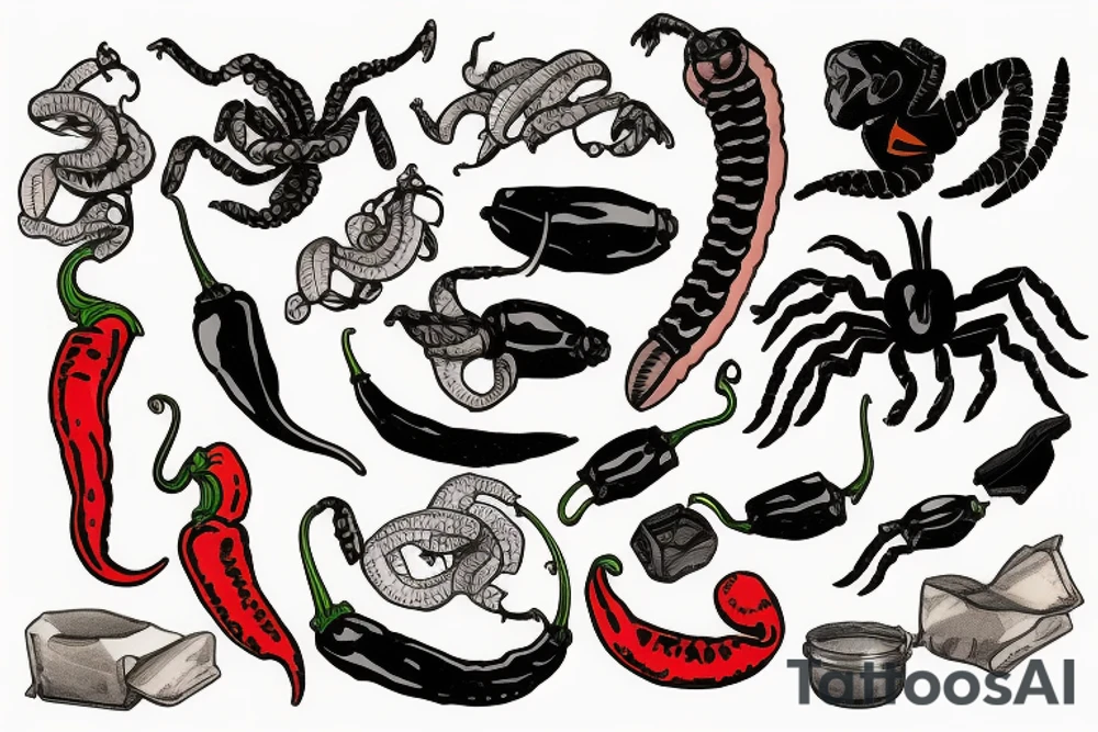 Scorpion pepper with mullet and 80s style sunglasses tattoo idea